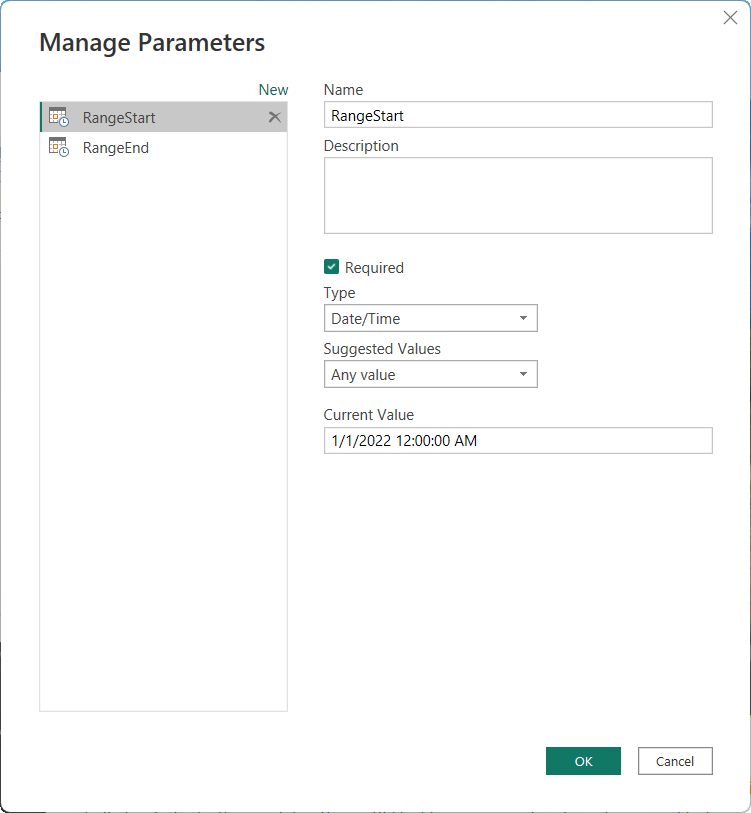 ภาพหน้าจอของกล่องโต้ตอบจัดการพารามิเตอร์ที่แสดงพารามิเตอร์ RangeStart และ RangeEnd