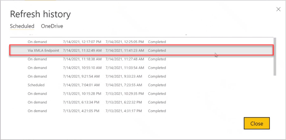 สกรีนช็อตแสดงหน้าจอประวัติการรีเฟรช รายการผ่านตําแหน่งข้อมูล XMLA จะถูกเน้น