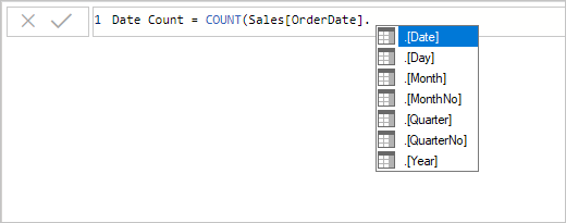 สกรีนช็อตที่แสดงตัวอย่างของการป้อนนิพจน์หน่วยวัด DAX ในแถบสูตร