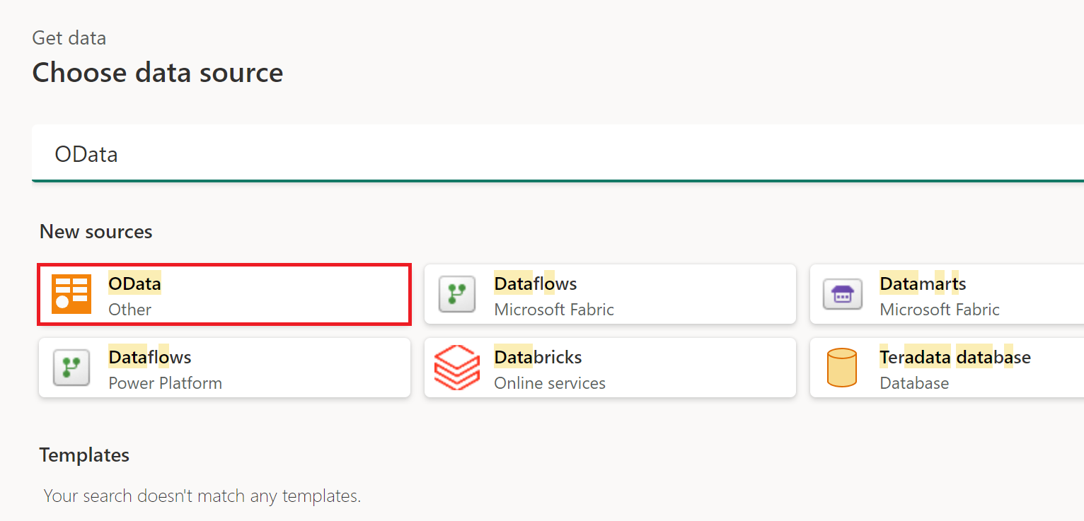 สกรีนช็อตของหน้าต่างรับข้อมูลที่มีการเน้น OData