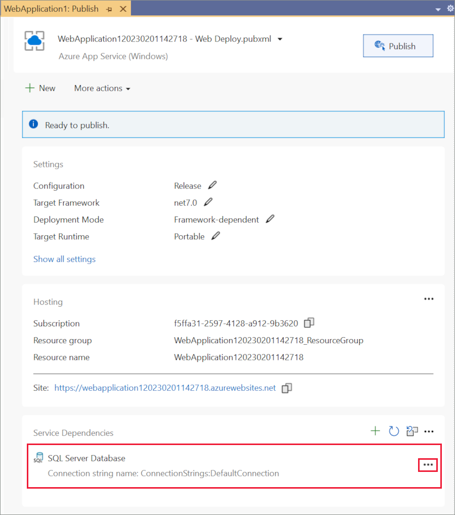 Publish Profile summary page: configure SQL Server dependency