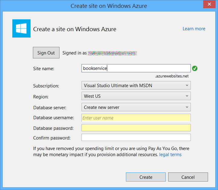 Veritabanı kullanıcı adı ve Veritabanı parolası alanlarının sarı renkle vurgulandığı Windows Azure'da site oluştur iletişim kutusunun ekran görüntüsü.