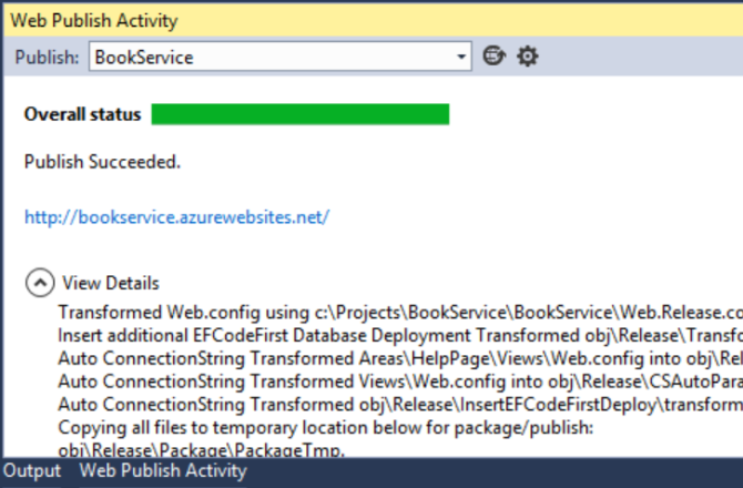 Genel durum çubuğunu gösteren ve başarılı bir yayımlama iletisi görüntüleyen Web Yayımlama Etkinliği penceresinin ekran görüntüsü.