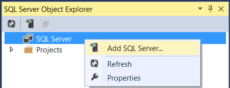 S Q L Sunucusu öğesinin mavi, S Q L Sunucusu Ekle öğesinin sarı renkle vurgulandığı S Q L Sunucusu Nesne Gezgini ekran görüntüsü.