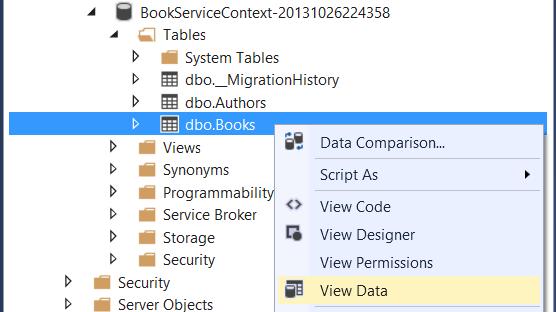 Mavi renkle vurgulanmış d b o nokta Kitaplar öğesini ve sarı renkle vurgulanmış Verileri Görüntüle öğesini gösteren S Q L Server Nesne Gezgini ekran görüntüsü.