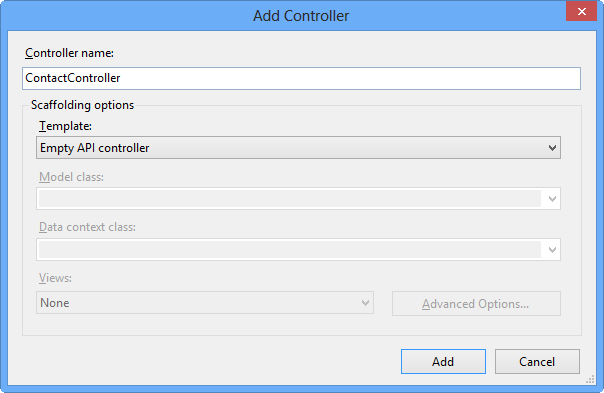 Yeni bir Web API denetleyicisi oluşturmak için Denetleyici Ekle iletişim kutusunu kullanma