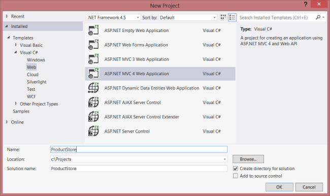 Visual Studio yeni proje ekranının ekran görüntüsü. S P dot net M V C 4 web uygulaması vurgulanır.