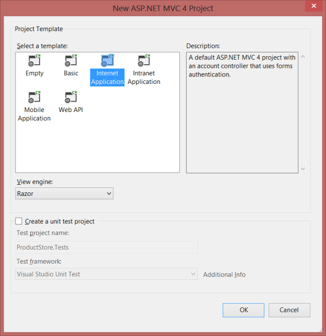 Visual Studio yeni A S P nokta net M V C 4 proje ekranının ekran görüntüsü. İnternet Uygulaması şablonu vurgulanır.