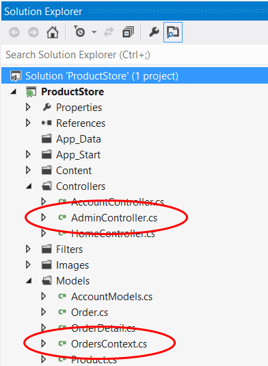 Çözüm Gezgini proje görünümünün ekran görüntüsü. AdminController dot c s ve OrdersContext dot c s vurgulanır.