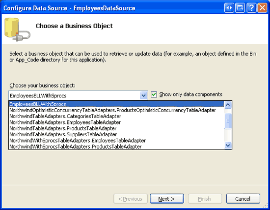 ObjectDataSource'ı EmployeesBLLWithSprocs Sınıfını Kullanacak Şekilde Yapılandırma