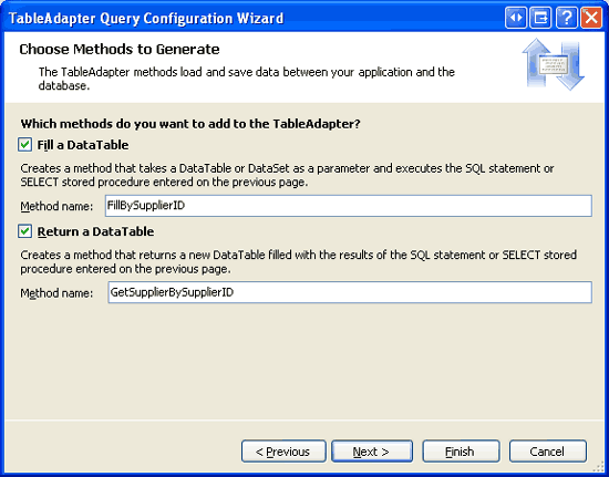 TableAdapter Yöntemlerini FillBySupplierID ve GetSupplierBySupplierID olarak adlandırın