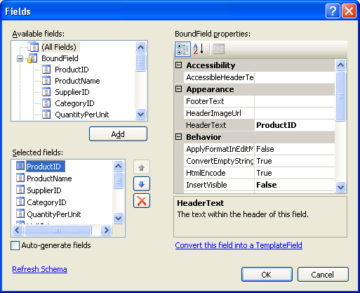 GridView'un BoundFields'ını Sütunları Düzenle İletişim Kutusu Aracılığıyla Yönetme