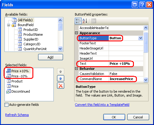 ButtonFields Metin, CommandName ve ButtonType Özelliklerini Yapılandırma