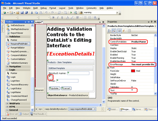 RequiredFieldValidator ControlToValidate, ErrorMessage ve Metin Özelliklerini Ayarlama