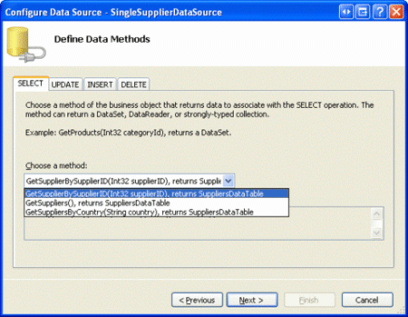 SingleSupplierDataSource ObjectDataSource'ı GetSupplierBySupplierID(supplierID) Yöntemini Kullanacak Şekilde Yapılandırma