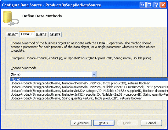 UPDATE, INSERT ve DELETE Sekmelerinde Drop-Down Listeler (Yok) olarak ayarlayın