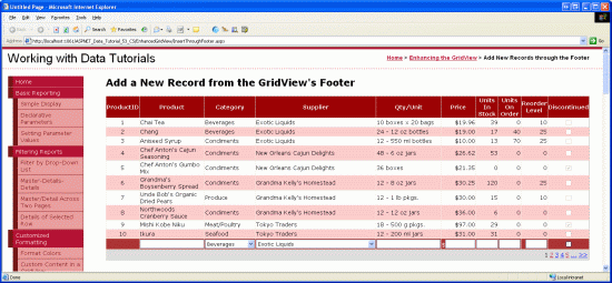 GridView Altbilgisi Yeni Kayıt Eklemek için Bir Arabirim Sağlar