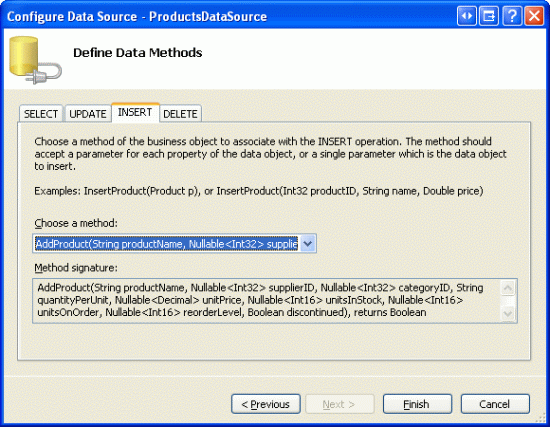 AddProduct Yöntemini ObjectDataSource'un Insert() Yöntemiyle Eşleme