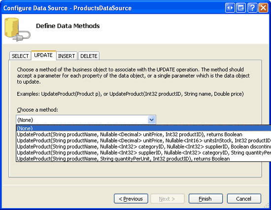 UPDATE, INSERT ve DELETE Sekmelerindeki Drop-Down Listeler (Yok) olarak ayarlayın