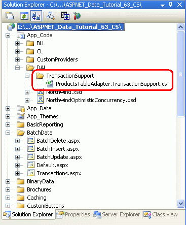 TransactionSupport Adlı Bir Klasör ve ProductsTableAdapter.TransactionSupport.cs Adlı Bir Sınıf Dosyası Ekleme