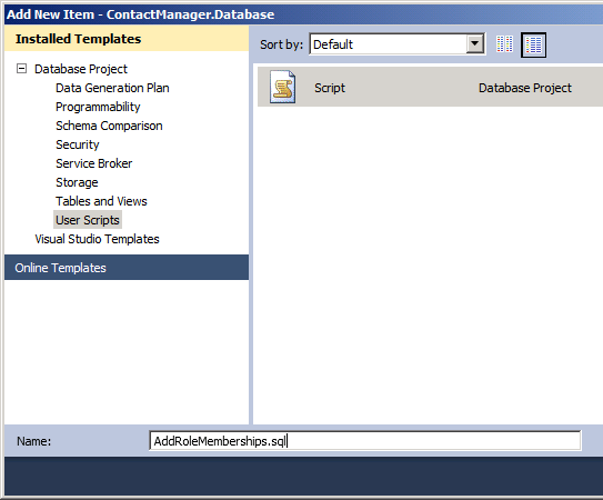 Yeni Öğe Ekle iletişim kutusunda betiğinize anlamlı bir ad verin (örneğin, AddRoleMemberships.sql) ve ekle'ye tıklayın.