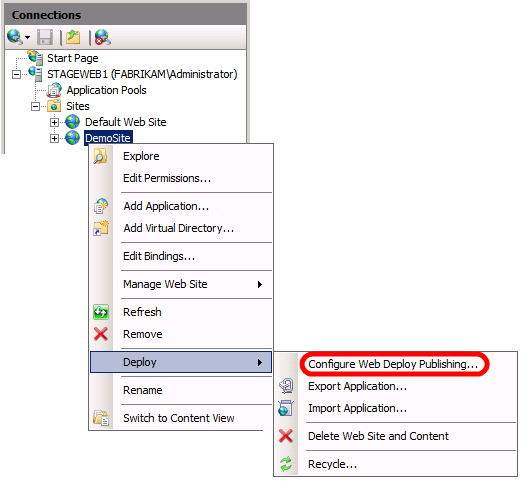 IIS Yöneticisi'nde, Bağlantılar bölmesinde web sitesi düğümünüzü (örneğin DemoSite) sağ tıklatın, Dağıt'ın üzerine gelin ve Web Dağıtımı Yayımlamayı Yapılandır'ı tıklatın.