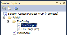 Çözüm Gezgini penceresinde Yayımla klasörünü genişletin, EnvConfig klasörünü genişletin ve ardından Env-Dev.proj öğesine çift tıklayın.