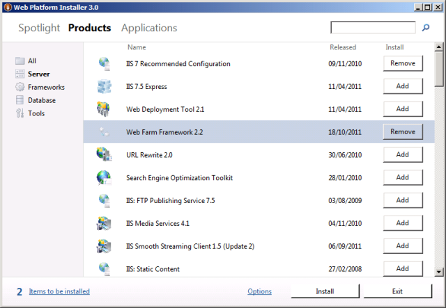 Web Farm Framework 2 satırında Ekle'ye tıklayın.