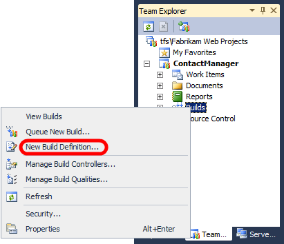 Visual Studio 2010'da, Takım Gezgini penceresinde takım projesi düğümünüzü genişletin, Derlemeler'e sağ tıklayın ve ardından Yeni Derleme Tanımı'na tıklayın.