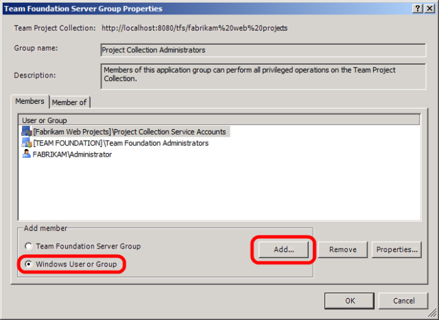 Windows Kullanıcısını veya Grubunu seçmek ve eklemek için Team Foundation Server Grup Özellikleri iletişim kutusunun ekran görüntüsü.