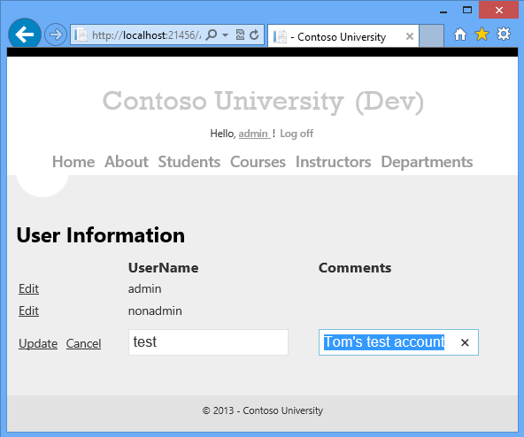 UserName testini ve Açıklama Tom'un test hesabını gösteren UserInfo sayfasını gösteren ekran görüntüsü.