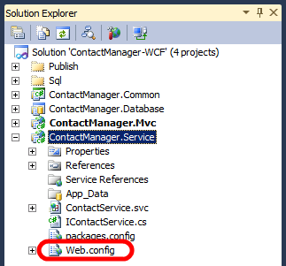 Çözüm Gezgini penceresinde ContactManager.Service projesini genişletin ve Web.config düğümüne çift tıklayın.