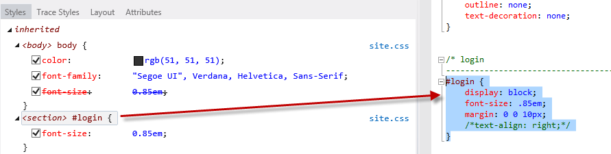 Stiller sekmesinin ekran görüntüsü, gezinti çubuğunda ilgili kod vurgulanmış şekilde oturum açma için CSS stilleri seçilmiştir.