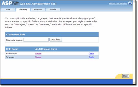 Rol Ekle düğmesiyle A S P nokta N E T Web Sitesi Yönetim Aracı'nı gösteren ekran görüntüsü.