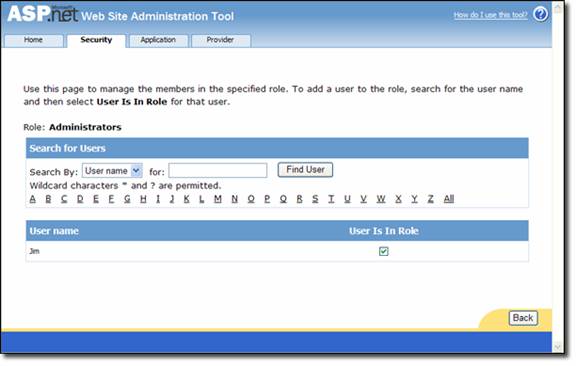 Kullanıcı Bul düğmesiyle A S P nokta N E T Web Sitesi Yönetim Aracı'nı gösteren ekran görüntüsü.