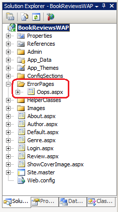 Yeni ErrorPages klasörünü ve ilişkili Oops dot a s p x dosyasını vurgulayan ekran görüntüsü.