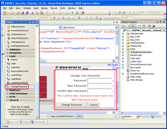 Sayfaya ChangePassword Denetimi Ekleme