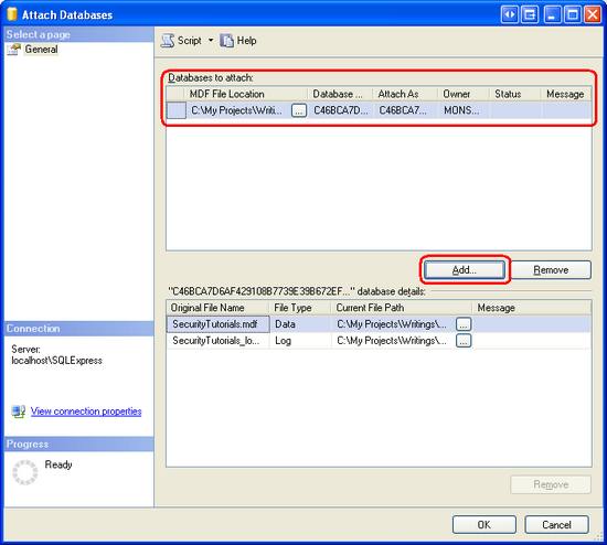 SecurityTutorials.mdf Veritabanını Ekleme