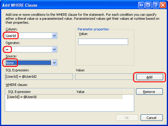 UserId Sütununa Filtre Parametresi Ekleme