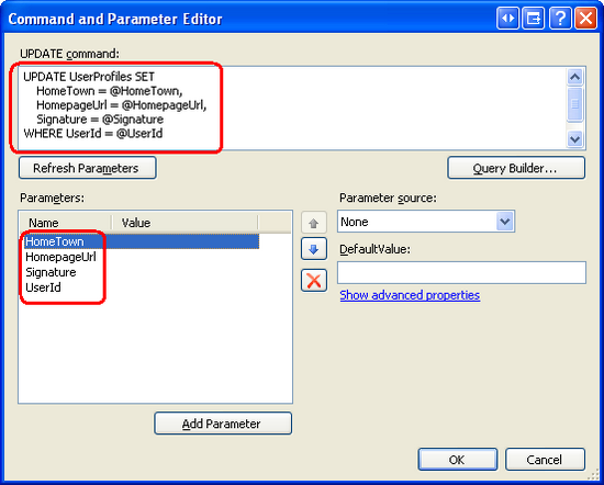 SqlDataSource'un UpdateCommand ve UpdateParameters değerlerini belirtme