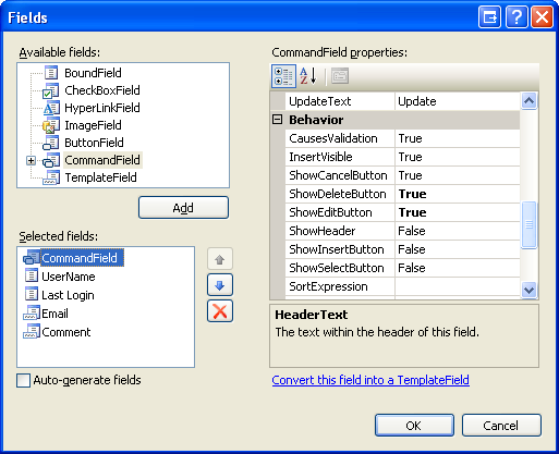 GridView'ın Alanları Alanlar İletişim Kutusu Aracılığıyla Yapılandırılabilir