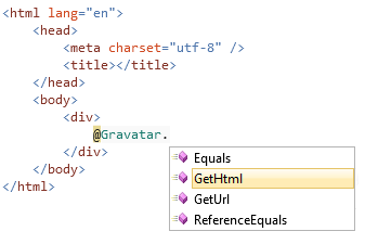 Gravatar yardımcısı IntelliSense açılan listesini gösteren ve H T M L al öğesinin sarı renkle vurgulandığı kaynak düzenleyicinin ekran görüntüsü.