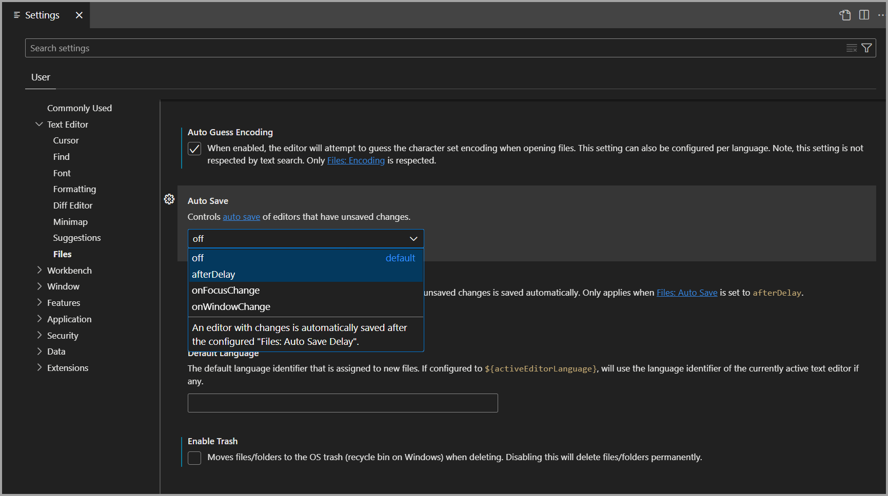 Azure Data Studio'daki Ayarlar düzenleyicisinde değiştirilen ayarların ekran görüntüsü.