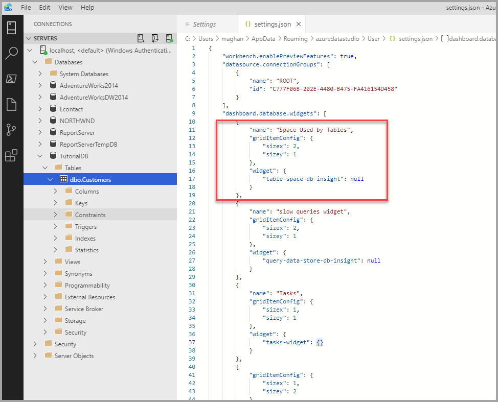 dashboard.database.widgets dizisinin ilk nesnesini içeren settings.json dosyasının ekran görüntüsü.