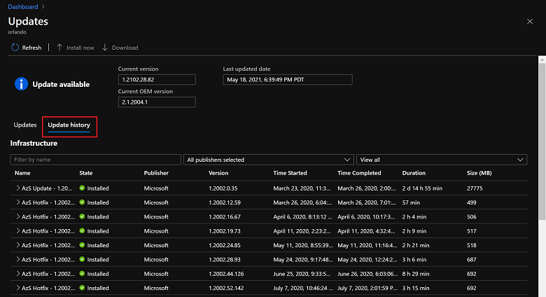 Azure Stack Hub güncelleştirme geçmişi