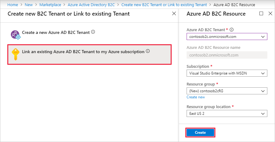 Azure portalında Azure AD B2C Kaynak oluşturma sayfası