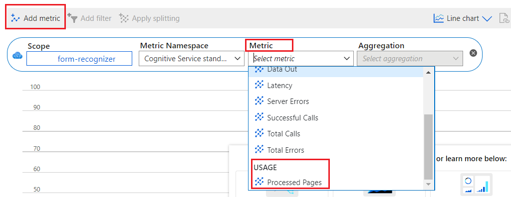 Azure portalında yeni ölçümlerin nasıl ekleneceğini gösteren ekran görüntüsü.