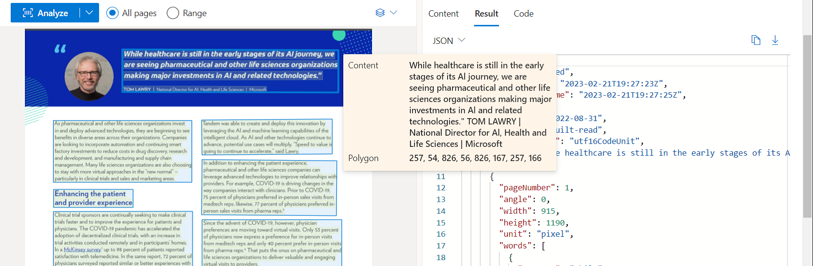 Document Intelligence Studio kullanarak model analizini okuma ekran görüntüsü.