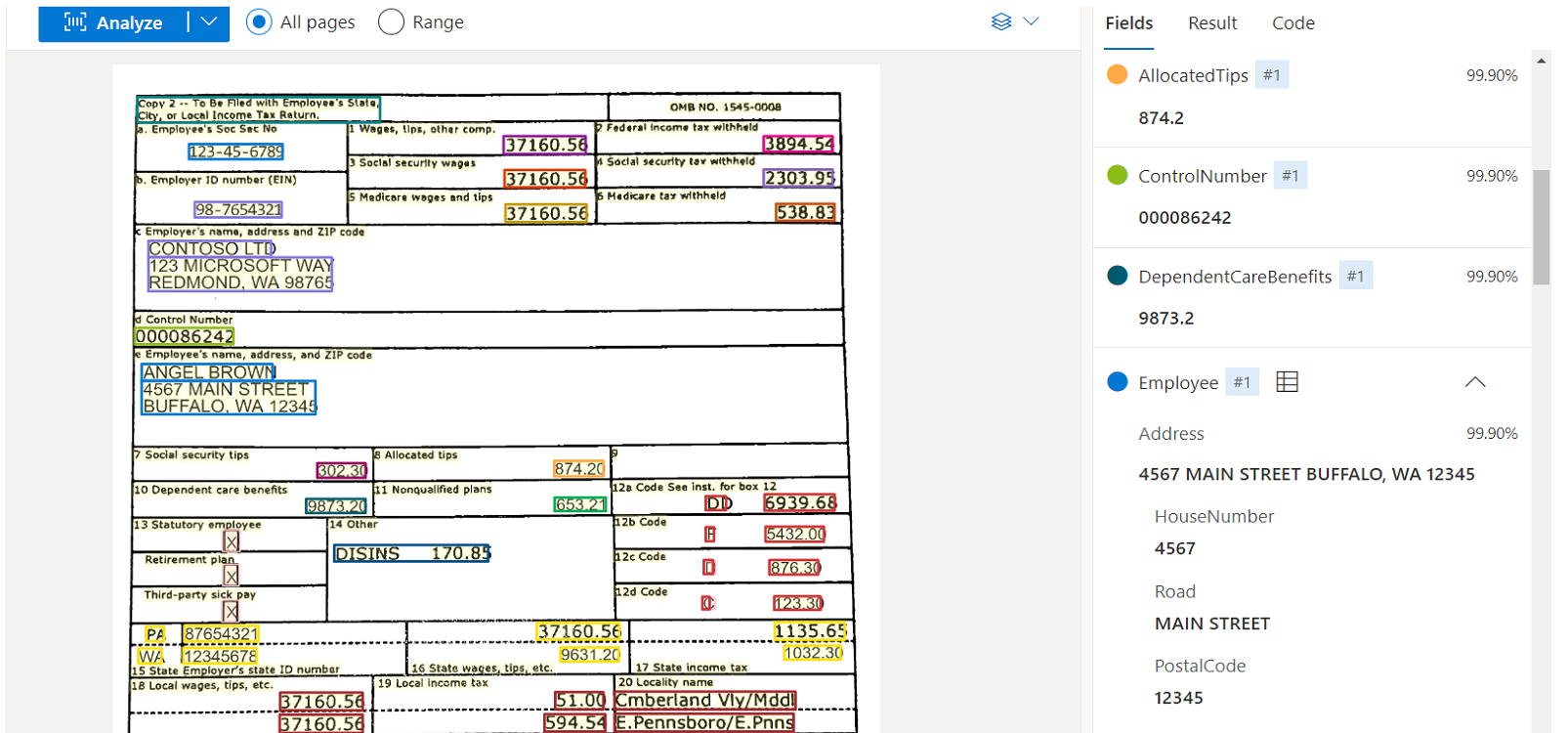 Document Intelligence Studio kullanılarak W-2 model analizinin ekran görüntüsü.