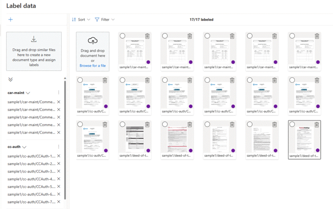 Document Intelligence Studio'da Özel sınıflandırma modeli etiketlemesinin ekran görüntüsü.